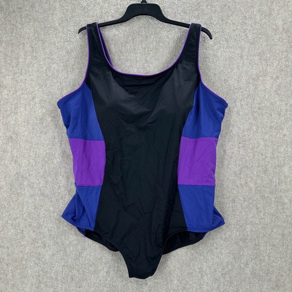 Lands End One Piece Swimsuit Womens 26W Black Purple Blue Colorblock Shelf Bra
